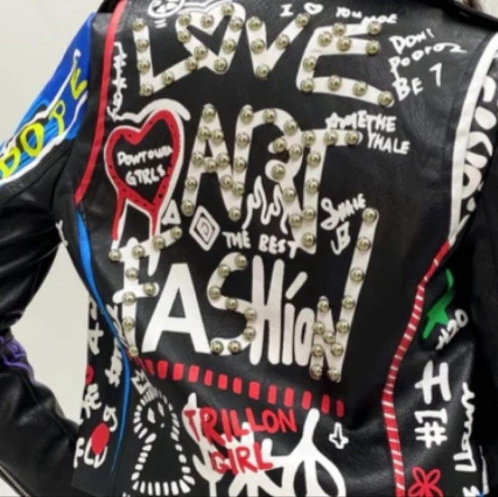 NWOT She's Dope Graffiti Faux Leather Jacket XL - Picture 5 of 6